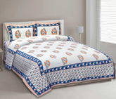 Blue & Orange Blossom Cotton Jaipuri Double Bed Sheet
